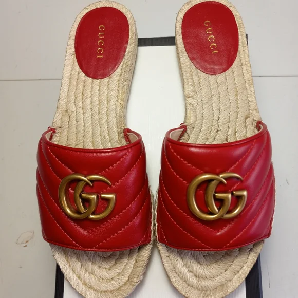 NEW GUCCI GG MARMONT MATELASSE LEATHER ESPADRILLE SANDALS RED/GOLD SZ 37 - Picture 2 of 16